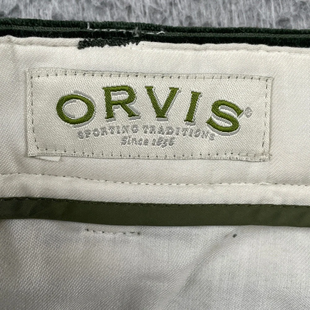 Orvis Corduroy Pants Mens 40 Green Pleated Front Leather Trim Cuffed Trousers